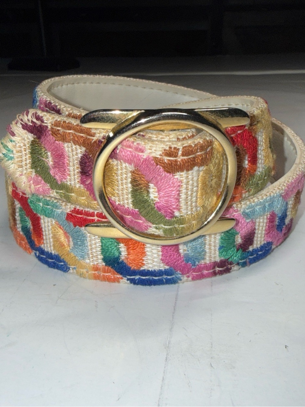 Multicolor Embroidered Women's Belt with Gold Ring Buckle
